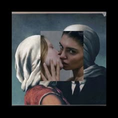 two women with headscarves kissing each other and one woman wearing a head scarf