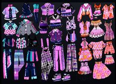 an assortment of clothing and shoes are displayed on a black background in this image, there is a large amount of colorful clothes