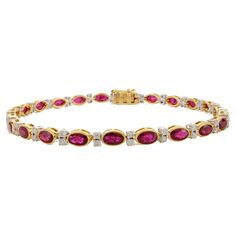 This 6.37 Carat Red Ruby Diamond Tennis Bracelet in 18K gold showcases 6.37 carats endlessly sparkling natural ruby and 0.83 carats of diamonds. It measures 7.25 inches long in length. Ruby improves mental strength. Designed with perfect oval cut ruby set with diamonds to make you stand out on any occasion or event. The elegant style complements the attire beautifully and is a perfect july birthstone bracelet, Engagement Gift, Bridal Shower Gift, Gift For Love, Gift For Sister, Mother Daughter G Perfect Engagement Gifts, Ruby Set, Ruby Bracelet, Modern Bracelets, Mother Daughter Gifts, Book Jewelry, Diamond Tennis Bracelet, Mental Strength, Birthstone Bracelets