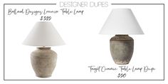 two ceramic lamps are shown with the price tag for each lamp in front of them