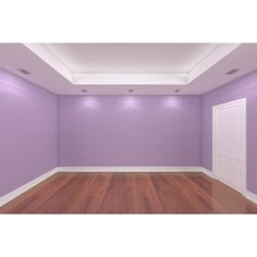 an empty room with purple walls and wooden floors