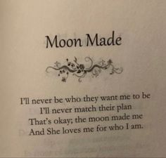 an open book with the words moon made written in black and white ink on it