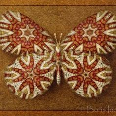 a butterfly made out of paper with red and white designs on it's wings