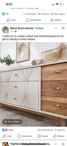 an image of a white and wood dresser