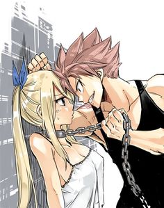 two anime characters are kissing in front of a cityscape with chains hanging from their mouths