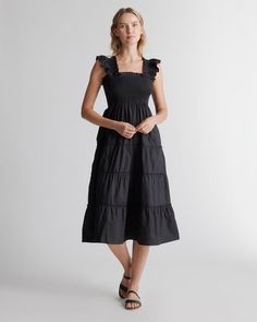 This floaty, flirty, light dress is about to become your fave for summer. Flattering A-line cut, smocked elasticated top, tiered poplin skirt. The sleeveless style has ruffle detailing and all in breathable, natural 100% organic cotton poplin. It's soft, comfy, and the midi-length has the potential to be dressed up or down.  | Quince | Women's Smocked Midi Dress in Black, Size XL, Organic Cotton Poplin Skirt, Beach Wedding Guest Dress, Light Dress, Wide Leg Linen Pants, Quince Dresses, Orange Dress, Black Midi Dress, Fit Flare Dress, Guest Dresses