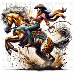 a woman riding on the back of a brown horse next to a cheetah