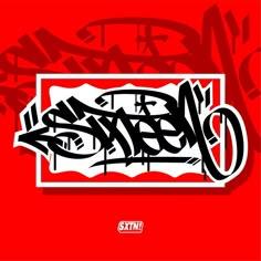 an image of graffiti on a red background with the word's name in black and white