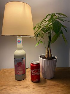 a table with a lamp next to a bottle and a plant on top of it