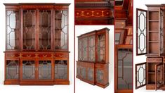 an old wooden bookcase with glass doors and carvings on the front, side, and back