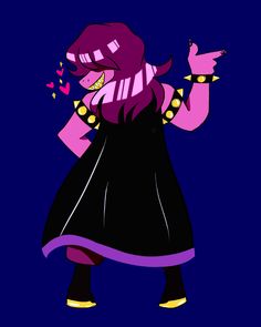 a cartoon character with purple hair and black dress