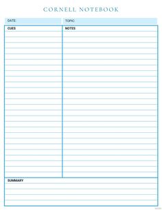 a blue lined notebook with the words'cornel notebook'written in white ink