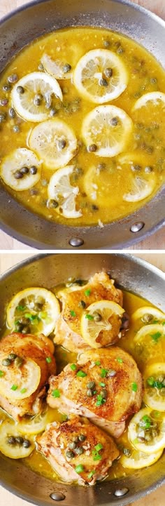 two pictures side by side one has chicken and the other has lemons in it