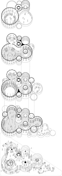 an architectural drawing of a circular structure with many circles around it and several different areas in the center