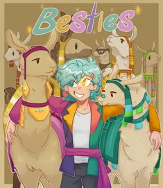 an image of a man standing next to llamas with the words besties on it