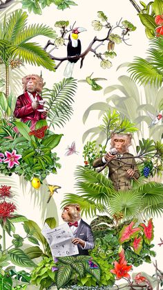 an image of monkeys in the jungle with birds and flowers on it's wallpaper