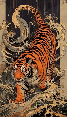 an orange tiger walking across a body of water with waves in the background and rain falling down on it