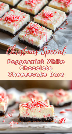 Bring a festive twist to your dessert table with these Peppermint White Chocolate Cheesecake Bars. The rich, creamy cheesecake is infused with peppermint and topped with a drizzle of white chocolate and crunchy peppermint candies. Nestled on a crisp Oreo crust, this holiday treat is sure to impress your guests! Pepermint Cheesecake, Mini Peppermint Cheesecake, Peppermint Cheesecake Recipes, Christmas Cheesecake Bars, Peppermint White Chocolate Cheesecake, White Chocolate Cheesecake Bars, Chocolate Peppermint Cheesecake, Peppermint Cheesecake Bars, Peppermint Bark Cheesecake