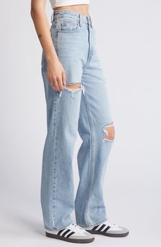 Ripped-out holes and a faded wash put a retro spin on high-waisted boyfriend jeans cut from comfortable cotton nonstretch denim. 32" inseam; 16" leg opening; 12 1/2" front rise; 16" back rise (size 29) Zip fly with button closure Five-pocket style 100% cotton Machine wash, tumble dry Imported Spring Distressed Full-length Flare Jeans, Ripped Light Wash Full Length Flare Jeans, Trendy Distressed Bottoms For Everyday, Ripped Light Wash Flare Jeans In Rigid Denim, Ripped Light Wash Rigid Denim Flare Jeans, Faded Ripped Everyday Bottoms, Everyday Faded Ripped Bottoms, Trendy Ripped Jeans For Everyday, Casual Ripped Flare Jeans For Spring