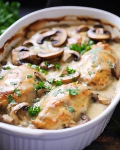 a casserole dish filled with chicken and mushrooms