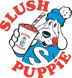 the logo for slush puppies is shown with a dog holding a drink in it's hand