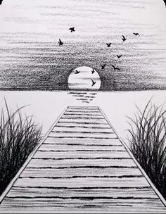 a drawing of birds flying over a pier in the ocean with grass on either side