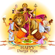 happy duraga puja with lion and people around it on a white background