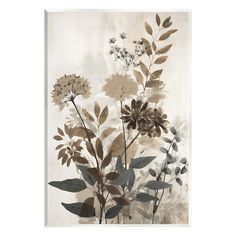 an abstract floral painting with leaves and flowers in grey, beige, and white colors