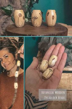 Discover the charm of these hand-drawn Botanical Wooden Dreadlock Beads, inspired by the delicate beauty of plants and nature’s gifts. Each bead is carefully crafted using the pyrography technique, where intricate botanical designs are burned onto pine wood. The beads are then varnished to ensure a smooth, durable texture and a subtle sheen.  Perfectly sized for dreadlocks, these versatile beads also make a lovely addition to DIY jewellery or other creative projects like macrame. Whether you’re enhancing your bohemian style or seeking a natural element for your crafts, these beads celebrate the earthy elegance of botanical designs. Dreadlocks Accessories, Dreadlock Shampoo, Boho Hippie Fashion, Dreadlock Hair, Dread Heads, Locks Hair, Earthy Elegance, Dreadlock Accessories, Fish Tales