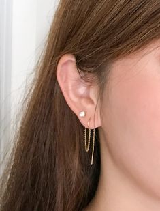 "These boho style earrings are for women with two piercings in each earlobe, or a double piercing. They feature a dainty cubic zirconia or cz stud earring for the upper piercing and an attached threader earring for the lower piercing. The threader earring has a center \"u\" arc that helps keep the earring in place. The earrings are hypoallergenic sterling silver. Each pair of earrings will arrive in a complimentary gift box. To see other jewelry from Austin Down to Earth, please visit http://www Earring Ideas For Two Holes, 90s Jewelry Trends, Double Piercing Earring, Second Hole Earrings, Turquoise Jewelry Earrings, Beaded Jewelry Earrings, Double Earrings, Double Piercing, Earrings Chain