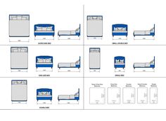 the blue and white bed is shown in four different positions, each with its own headboard