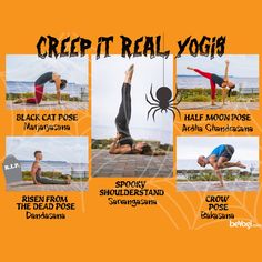 an advertisement for the yoga class with pictures of people doing different poses and their names