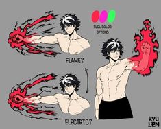 an anime character with different expressions on his arm and chest, showing how to use the flame