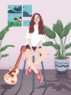 a woman sitting on a stool with a guitar in front of her and potted plant behind her