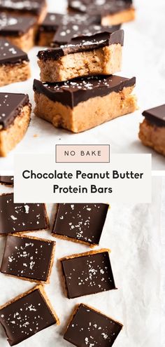 no bake chocolate peanut butter protein bars are stacked on top of each other, with the