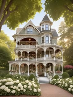 a large white house sitting in the middle of a lush green forest filled with flowers