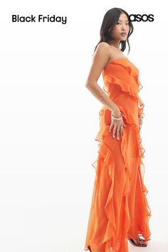 Petite by Ever New Petite May cause compliments Bandeau style Ruffle trim Regular fit Hot Orange, Formal Dresses Graduation, Cocktail Dress Formal, Black Dress Prom, Winter Party Dress, Birthday Idea, Bridesmaids Dress, Brunch Outfit, Orange Fashion