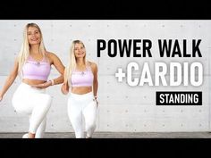 two women in white pants and pink top standing next to each other with the words power walk cardio