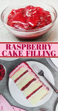 raspberry cake filling in a glass bowl and on a plate with a fork