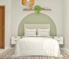 a white bed sitting under a wooden light fixture