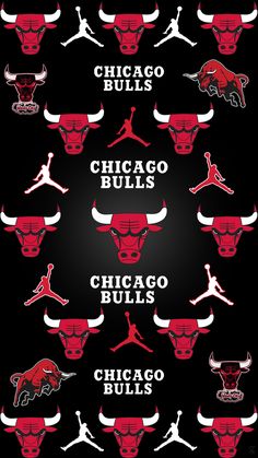 the chicago bulls logo is shown in red and white, with other team logos on black