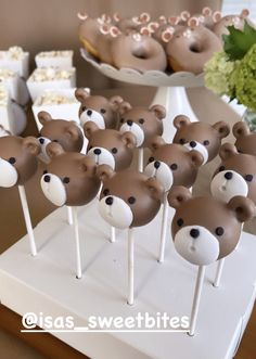 there are many brown teddy bears on the cake sticks in the shape of heads and noses