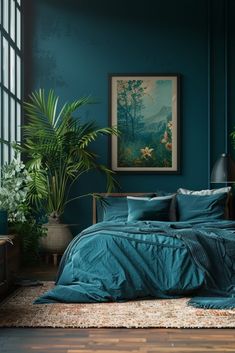 a bedroom with teal walls and wooden flooring is pictured in this image, the bed has been made up