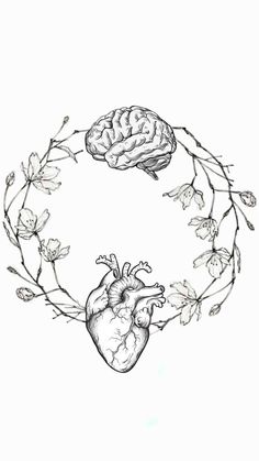 a drawing of a human heart surrounded by branches with flowers in the shape of a circle