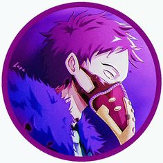 an anime character with purple hair is holding his face to his chest and looking at the camera