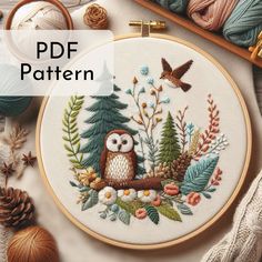 an owl is sitting in the woods surrounded by pine cones and needles, with text overlay that reads pdf pattern