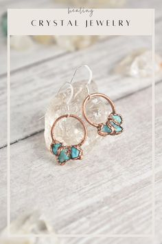 Your raw turquoise earrings collection is not complete without small turquoise hoop earrings. Handmade with healing crystals and natural stones, this turquoise and copper earrings awakens the wild woman. The turquoise dangle earrings is made with electroformed copper, making each piece unique and one of a kind, just like you. Embrace your intuitive nature and click through to see more raw turquoise stone jewelry! Gemstone Earrings Dangle, Hoop Earrings Handmade, Turquoise Hoop Earrings, Turquoise Hoops