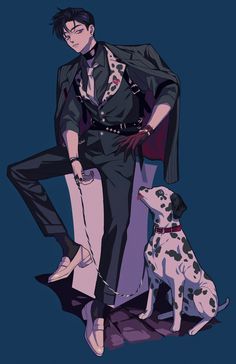 a man in a suit and tie standing next to a dalmatian