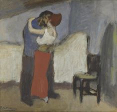 a painting of two people hugging each other