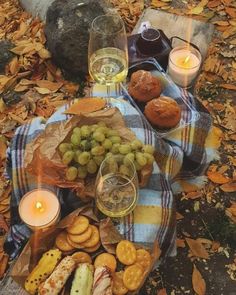 a picnic with wine, bread and grapes on a blanket next to candles in the woods